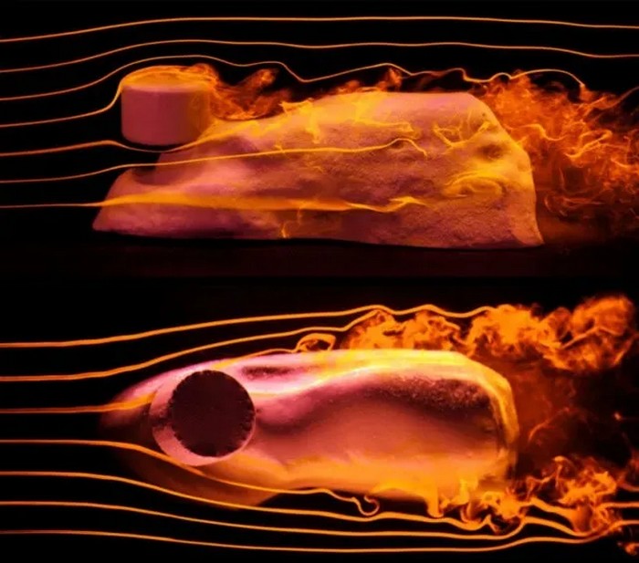 Зображення ліній потоку в поздовжньому перерізі (вгорі) та поперечному перерізі (внизу). (Photo : Ristroph et al. (2023) , CC BY 4.0)