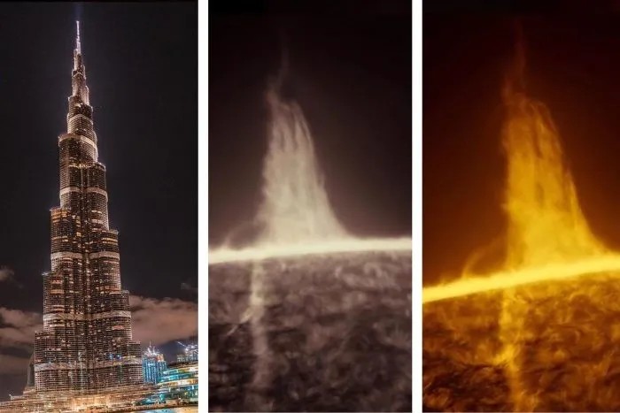 (Ліворуч) Бурдж-Халіфа в Дубаї (Shutterstock/fokke baarssen); (посередині) Кларо зняв прискорену послідовність сонячного спалаху в листопаді; (праворуч) сонячний «Бурдж-Халіфа» Кларо після обробки зображень. (Crédit : Miguel Claro)