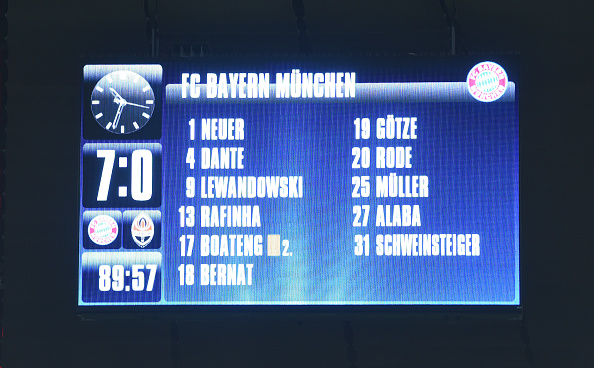 Табло мюнхенського стадіону «Альянц-Арена» на 90-й хвилині матчу. Фото: Matthias Hangst/Bongarts/Getty Images
