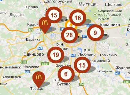 Карта, которая показывает количество заведений McDonald's в Москве и пригороде. Снимок с сайта mcdonalds.ru