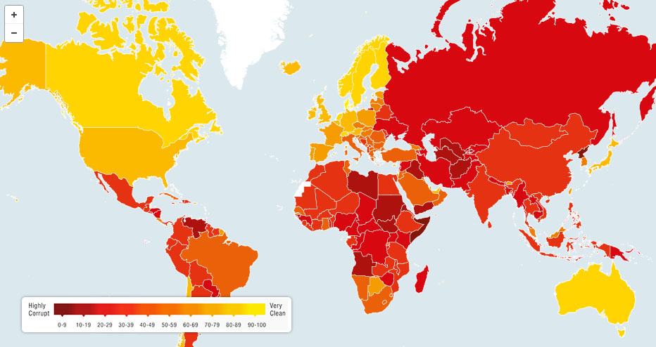 Темно-багряним позначені країни із найгіршим рівнем корупції. Жовтим — вільні від корупції. Знімок сайту: transparency.org