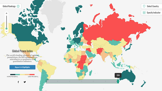 Рейтинг миру: червоним виділені найбільш «проблемні» країни, зеленим — найбільш мирні. Ілюстрація: visionofhumanity.org
