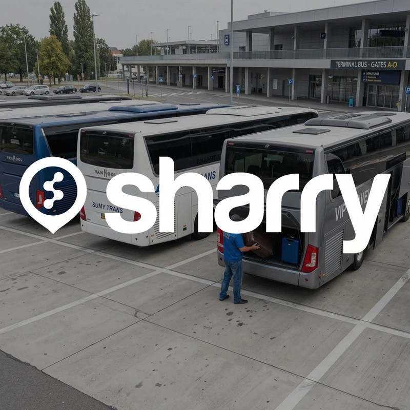 Sharry на фоні декількох автобусів різних кольорів, в один із яких водій кладе валізи в багажник