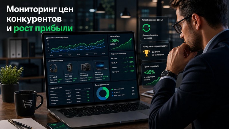 Аналитик eCommerce изучает цены конкурентов, графики и рост прибыли на ноутбуке в современном офисе.