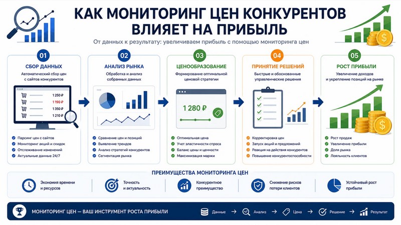 Инфографика: как мониторинг цен конкурентов влияет на прибыль — от сбора данных к росту дохода