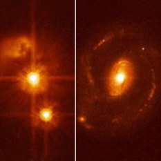 Загадковий квазар - яскрава пляма в центрі лівого кадру. Справа для порівняння - типовий квазар із спіральними рукавами галактики навколо (фото Nasa/esa/eso/frederic Courbin/pierre Magain).