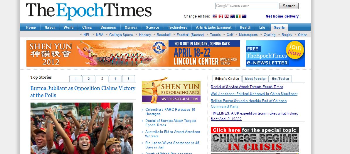 Скріншот сайту англійської редакції Великої Епохи (theepochtimes.com)
