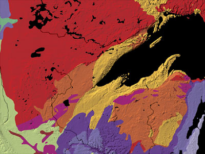 Горные породы Американской Середнеконтинентальной рифтовой системы в центральной части Северной Америки (обозначены желтым). Фото: uk.wikipedia.org 