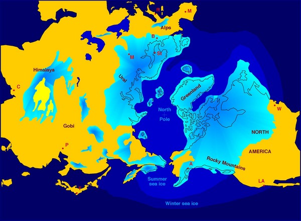 Рис. 5. Льодовикові покриви і морські льоди (блакитний колір) північної півкулі в останній льодовиковий період. LA - Лос Анжелос, W - Вашингтон, A - Анкоридж, P - Пекін, M - Москва, Мадрид, B - Берлін, St - Стокгольм, R - Рим. Малюнок з ru.wikipedia.org 