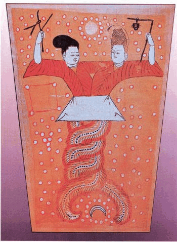 Імператор Фу Сі зі своєю дружиною Богинею Нюйва. Це стародавнє зображення, зроблене на шовку, було знайдене в гробниці в провінції Сіньцзян в 2005 році