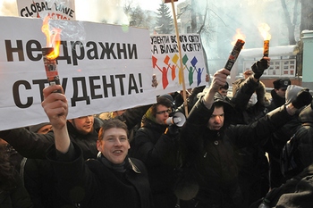 Акция протеста студентов в Киеве 28 февраля против принятия нового закона «О высшем образовании» и за отмену распоряжения о сокращении госзаказа на 42%. Фото: Владимир Бородин/The Epoch Times Украина