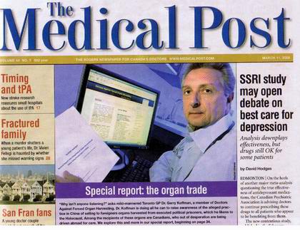 11 березня 2008 року в найвпливовішому журналі Канади Medical Post був опублікований спеціальний звіт про видаляння органів. Фото: clearwisdom.net