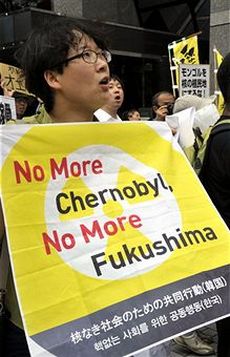 Южнокорейский протестующий держит баннер во время акции протеста перед штаб-квартирой TEPCO в Токио 2 августа 2011 года. Фото: Yoshikazu Tsuno / Getty Images