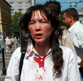 Г-жу Су агенты КПК грубо столкнули с лестницы и она получила травму головы. 19 июня. Братислава. Фото с minghui.org