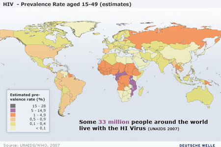 Схема распространения ВИЧ-инфекции в мире (по состоянию на 2007 год). Фото:dw-world