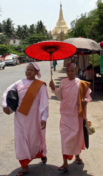 Буддийские монахини прячутся под зонтиком от солнца. Фото: AFP/AFP/Getty Images