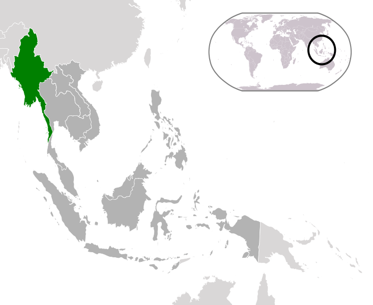 Бирма на карте Азии. Страна помечена зелёным цветом, Ассоциация государств Юго-Восточной Азии — тёмно-серым. На севере Бирма граничит с Китаем. Иллюстрация: ASDFGHJ/ru.wikipedia.org