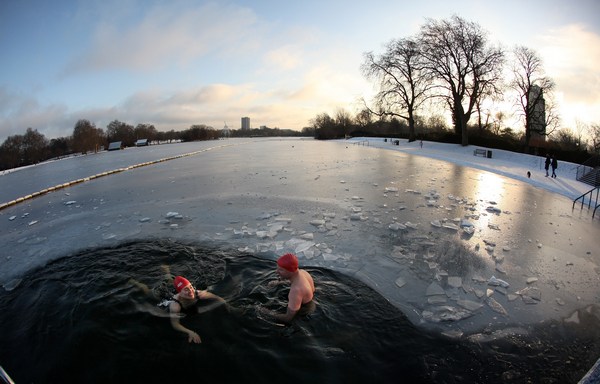 Член парламенту Англії Едвард Лі та інші «британські моржі» купаються в ополонці у Лондонському парку. Фото: Oli Scarff/getty Images