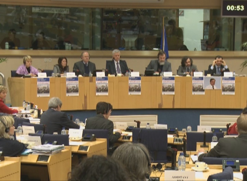 Європейські парламентарії обговорюють права людини в Росії в Брюсселі 28 лютого 2012 року. Фото: телеканал NTD