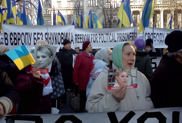 Опозиціонери вийшли з англійськими плакатами на мітинг в Києві з нагоди саміту Україна-ЄС. Фото: 'Діло'