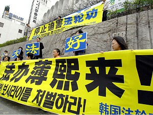 Плакаты последователей Фалуньгун, осуждающие Бо Силая за его участие в преследовании Фалуньгун в Китае, снаружи отеля, где останавливался Бо в составе китайской делегации во время визита в Южную Корею 10 апреля 2007 года. Фото: Jung Yeon-Je/AFP/Getty Imag