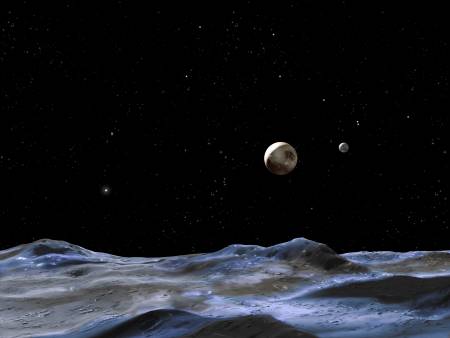 Зображена художником поверхня одного зі супутників Плутона, з якої видно самого Плутона з іншими супутниками. Зображення: NASA/ESA