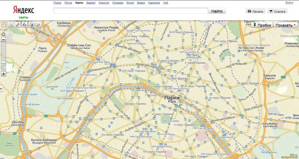 Яндекс оновив свій картографічний серфіс. На зображенні — деталізована карта Парижа. Скріншот: maps.yandex.ua/Велика Епоха