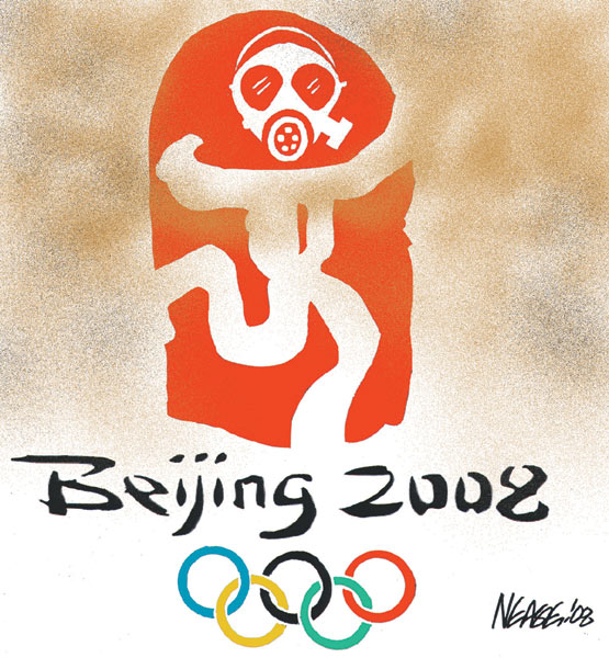 Карикатура на Олімпійські ігри в Пекіні, де ситуація із забрудненням повітря залишає бажати кращого 