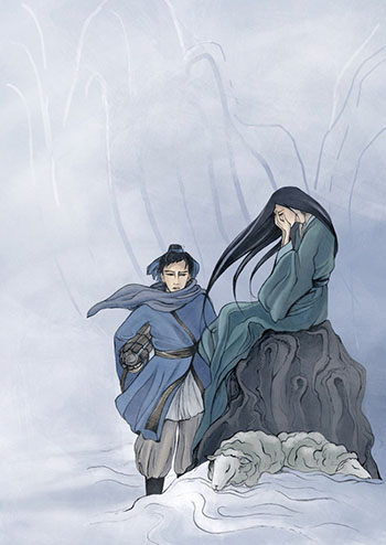Лю І поруч з принцесою драконів, яка сидить з отарою овець серед крижаної пустелі. Ілюстрація: Shaoshao Chen/The Epoch Times