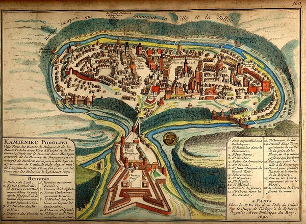 Замки Украины: Карта Каменец-Подольска 1691 года. Каменец-Подольская крепость находится на вершине горы и окружена рекой Смотрич