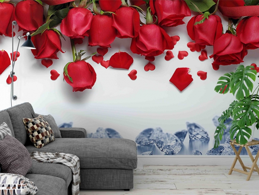 Фотообои с красными розами в интерьере гостиной
