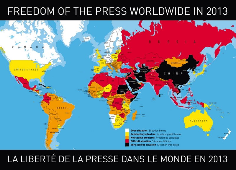 Карта свободы слова от Репортёров без границ. Белый цвет — всё хорошо, жёлтый — удовлетворительно, оранжевый — есть заметные нарушения, красный — тяжёлое положение, чёрный — очень тяжёлое положение. Иллюстрация: rsf.org