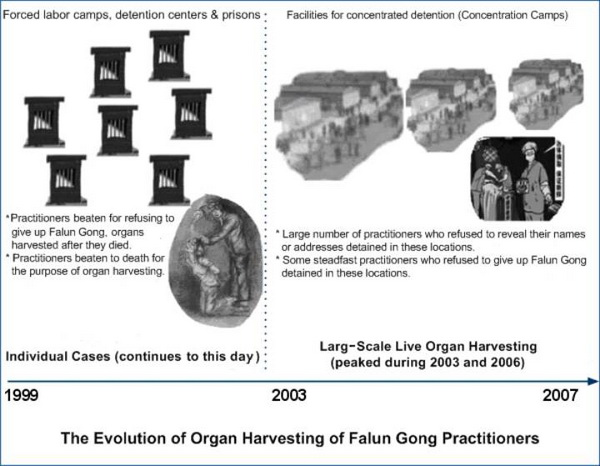 Эта диаграмма иллюстрирует развитие процесса извлечения органов у последователей Фалуньгун.