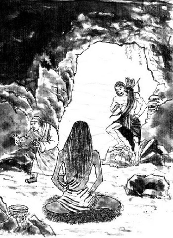 Тибетский йог Миларепа медитирует в пещере