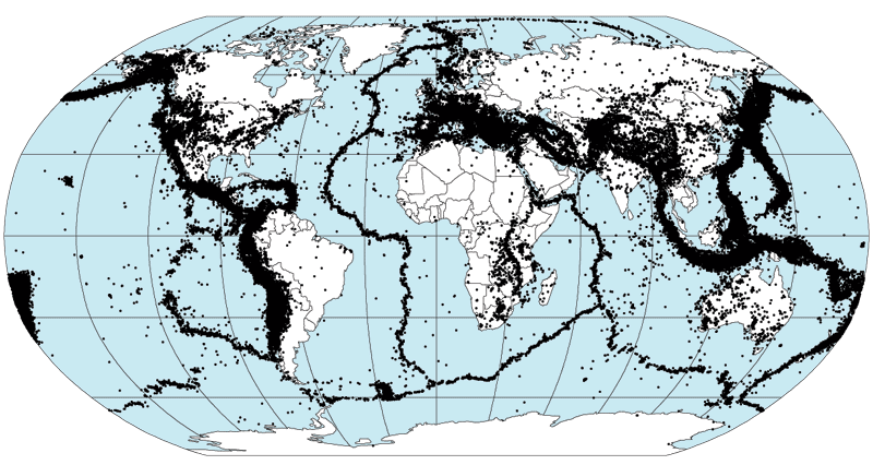 На карте обозначены эпицентры землетрясений за 35 лет прошлого века: с 1963 до 1998 года. Иллюстрация: НАСА