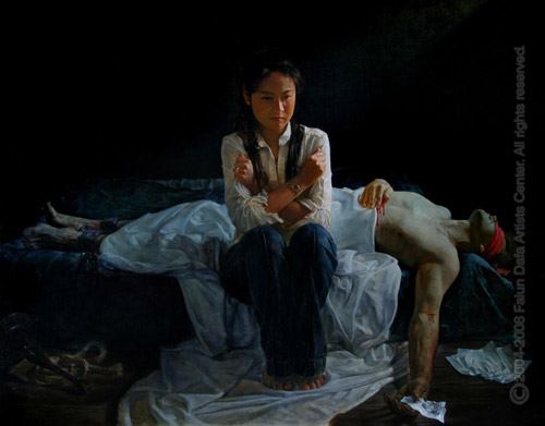 Одна из картин выставки Трагедия в Китае. Молодая женщина переживает смерь своего мужа, замученного до смерти за свою веру. Фото с falunart.org