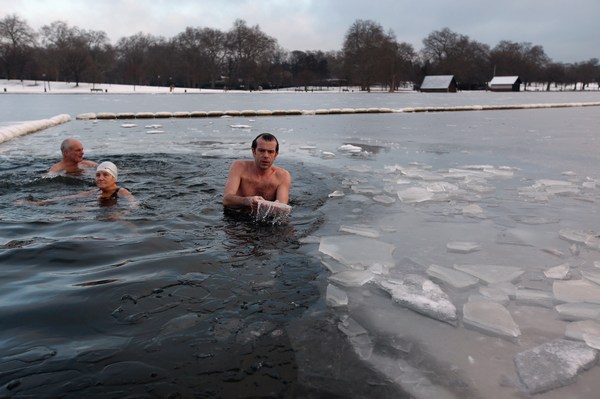 Член парламента Англии Эдвард Ли и другие «британские моржи» купаются в проруби в Лондонском парке. Фото: Oli Scarff/Getty Images