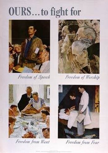 Иллюстрации «Четыре свободы» (1943 г.) Нормана Роквелла к речи Ф.Д.Рузвельта на Конгрессе США, произнесенной 6 января 1941 года. «Свобода слова», «Свободу вероисповедания», «Свободу от нужды» и «Свободу от страха».