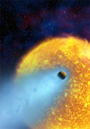 12 березня 2003 р. Явище, коли шар газу від планети, що обертається навколо зірки поза межами Сонячної системи, випаровується у космічний простір. Це зображення є уявленням художника. Зображення: ESA, Alfred Vidal-Madjar (Institut d'Astrophysique de Paris