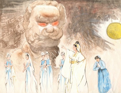 Иллюстрации к рассказу «Предание о каменном льве с красными глазами». Автор рисунков Ван Еньин