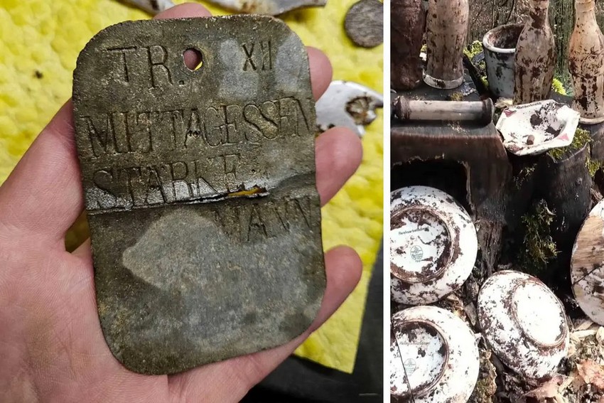 (ліворуч) Жетон, який німецькі солдати могли обміняти на їжу в їдальнях; (Дело) Пляшки з-під коли і порцеляновий посуд німецьких військових. (Courtesy of Chris De Jong)