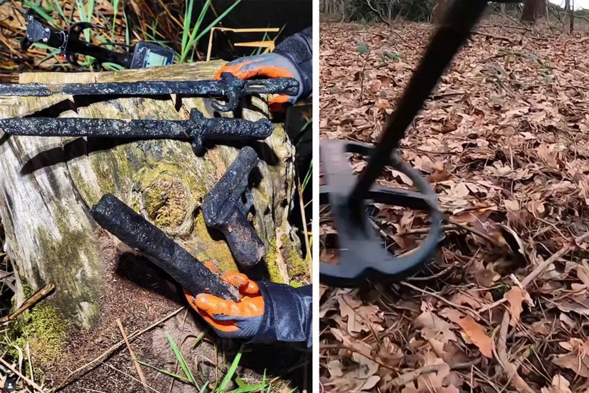 Де Йонг знаходить зброю та вогнепальну зброю часів Другої світової війни за допомогою свого металошукача. (Courtesy of Chris De Jong)