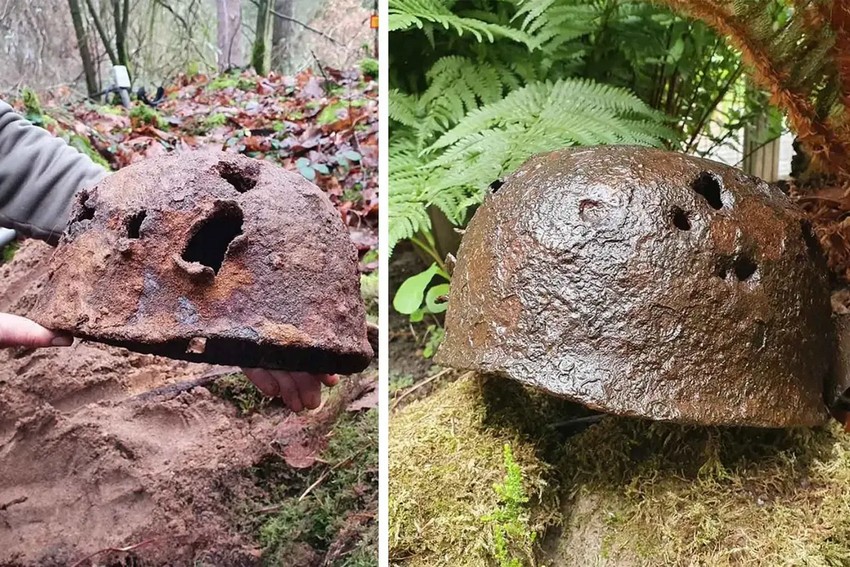 Де Йонг та його друзі-металошукачі знаходять каски часів Другої світової війни. (Courtesy of Chris De Jong)