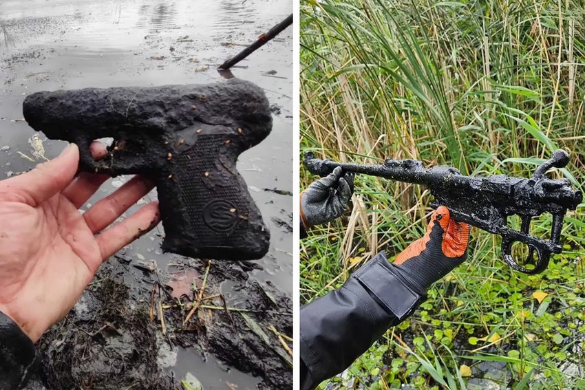 Металошукачі знаходять пістолет та гвинтівку, прочісуючи місцевість у пошуках військових реліквій. (Courtesy of Chris De Jong)