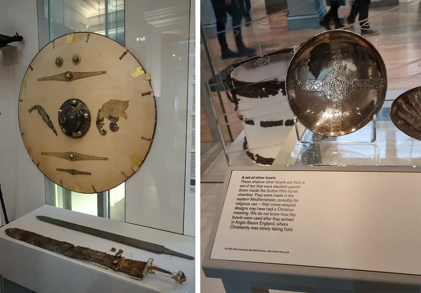 (Л) Реконструйований щит Саттон-Ху виготовлений з металевого обідка та позолоченого мідного сплаву, золотих і гранатових деталей. (П) Срібні чаші з хрестоподібним візерунком також були знайдені під час розкопок у Саттон-Ху і, як вважається, використовувалися в релігійних цілях. (Ludovic Marin/Getty Images)/ David Winn-Morgan/Shutterstock