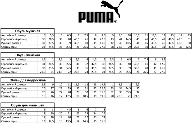 Размерная сетка PUMA