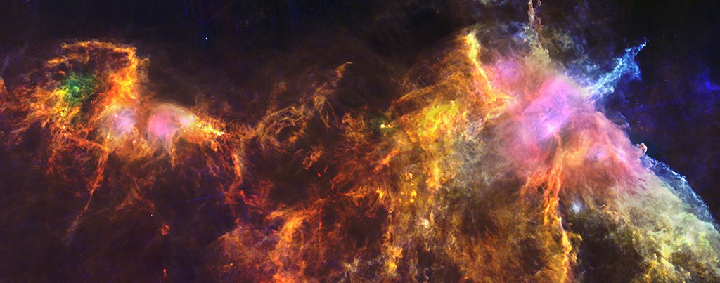 Молекулярна хмара в сузір’ї Оріона (віддалена від нас на 1300 світлових років). Яскравий стовп речовини зверху праворуч — туманність Полум’я. Праворуч по центру можна помітити туманність «Кінська голова». Фото: ESA/Herschel/PACS/SPIRE 