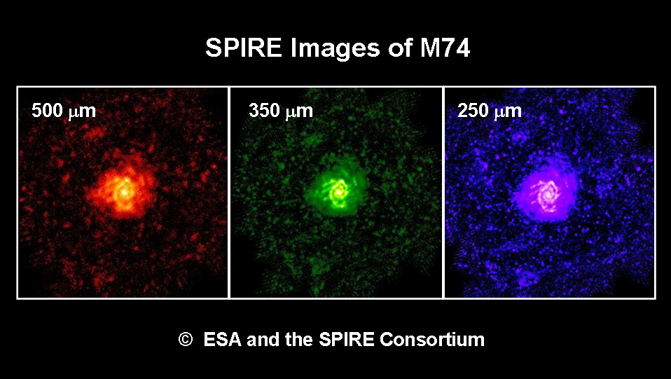 Галактика М74, відзнята на трьох різних довжинах хвиль інфрачервоного спектра, 10 липня 2009 року. Фото: ESA and the SPIRE Consortium 