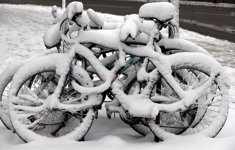 Бат, Англия, 18 января. Толстый слой снега лежит на велосипедах. Сильные снегопады прошли почти на всей территории страны. Фото: Matt Cardy/Getty Images 