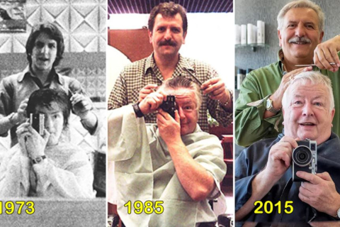Мужчина делает селфи перед зеркалом у одного и того же парикмахера в течение 50 лет